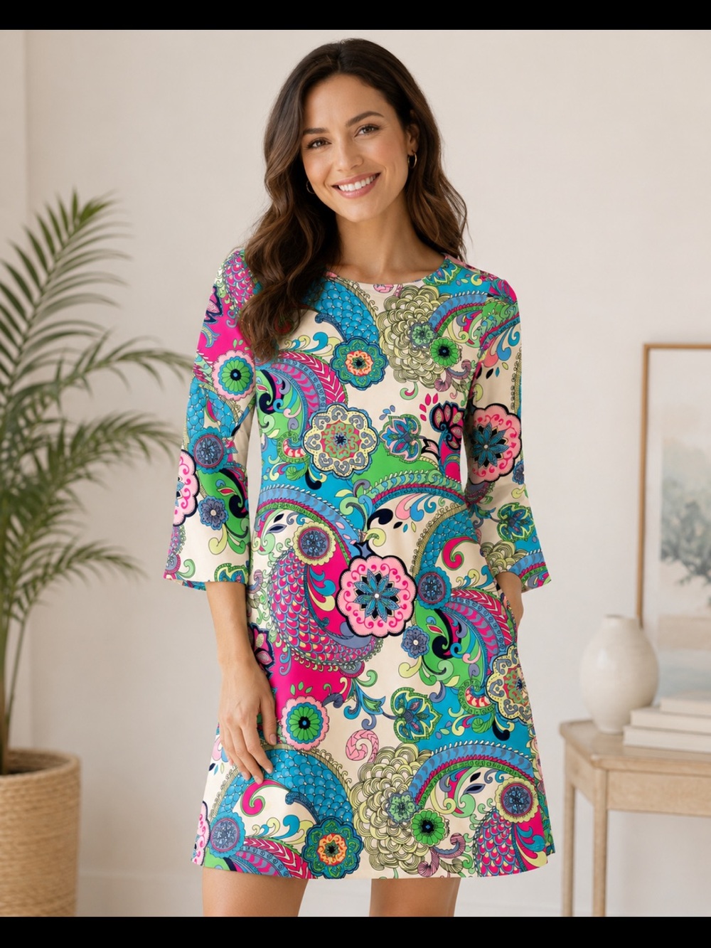 Paisley A-line Dress - Pink, Green, Blue